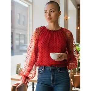 DESIGNER PEACH LOVE RED/BLACK POLKA DOT 2 PC ROUND NECK LONG SLEEVE SHEER BLOUSE
